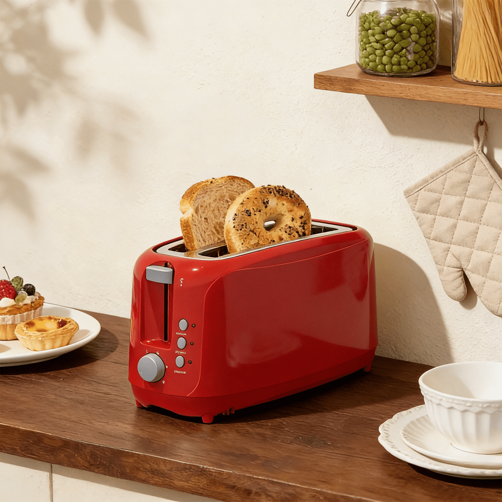 4 Slice Extra Long Slot Toaster with 6 Browning Levels & Defrost/Reheat Functions,Waffles,Red