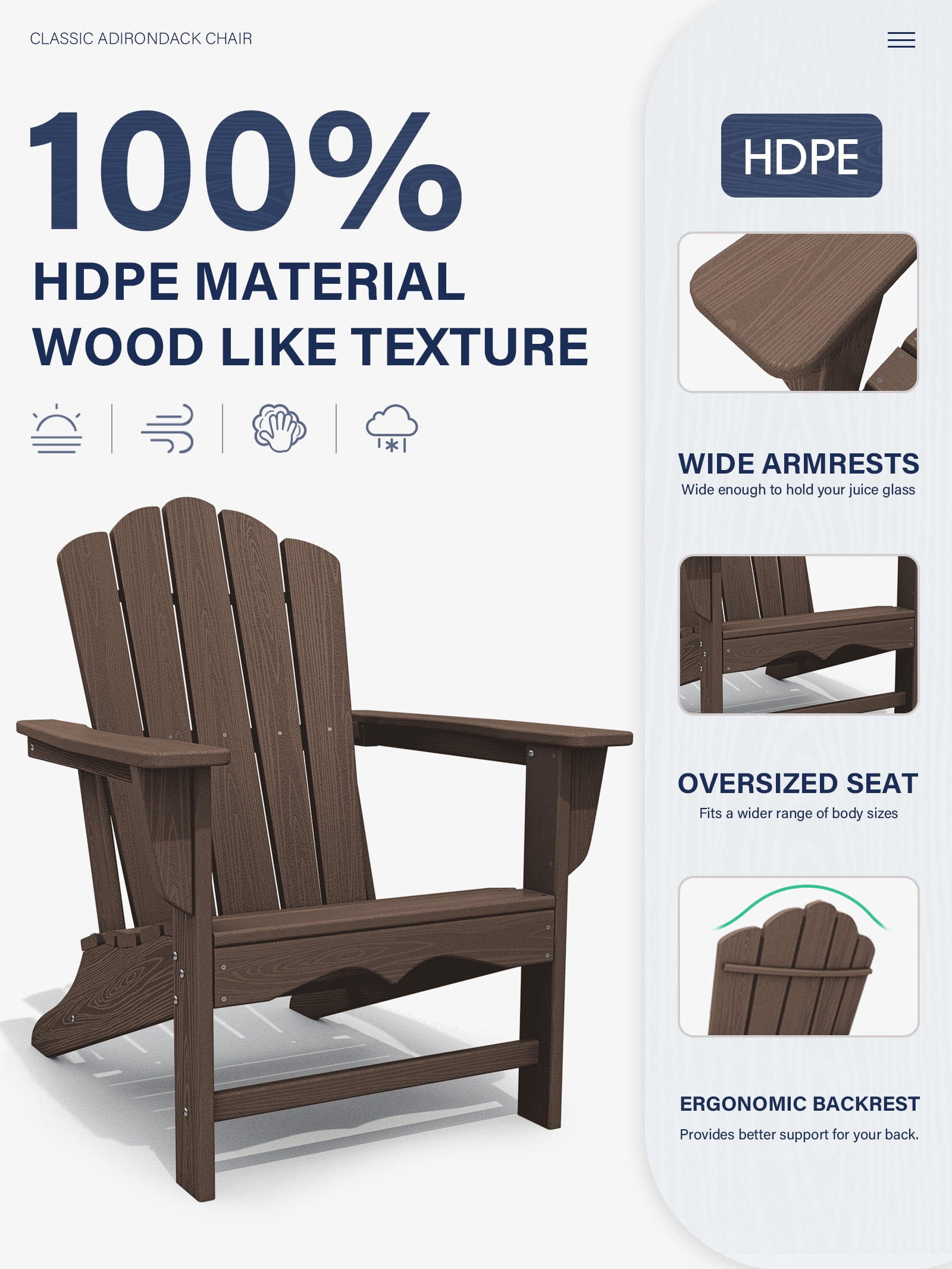 KINGYES HDPE Adirondack Chair Set of 4, All-Weather Outdoor Fire Pit Chairs for Patio Deck Lawn, Brown