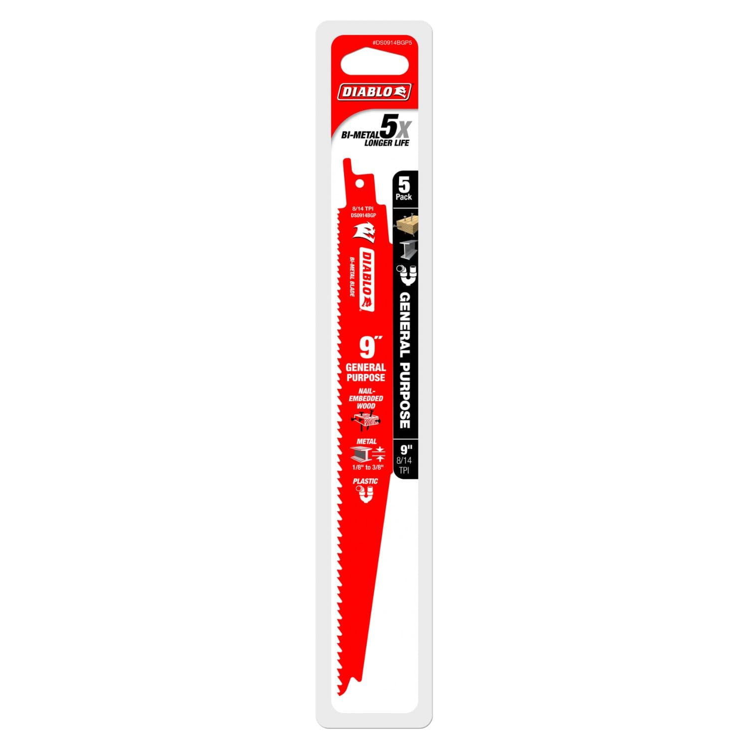 Diablo Bi-Metal Reciprocating Saw Blades for General Purpose Cuts - Variable Tooth Design - 9" Length, 8/14 TPI, 5-Pack - DS0914BGP5