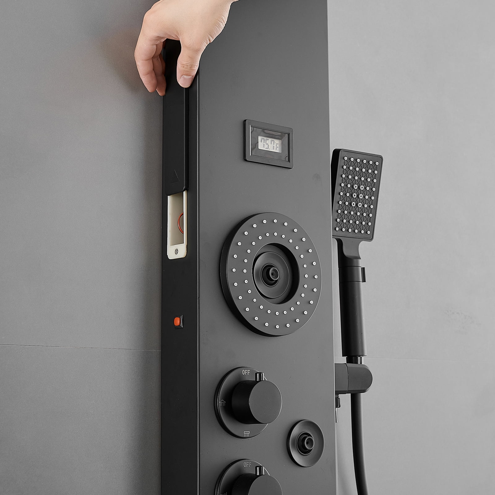 5-Jet Rainfall Shower Panel System with Rainfall Waterfall Shower Head and Shower Wand With LED Light in Stainless Steel