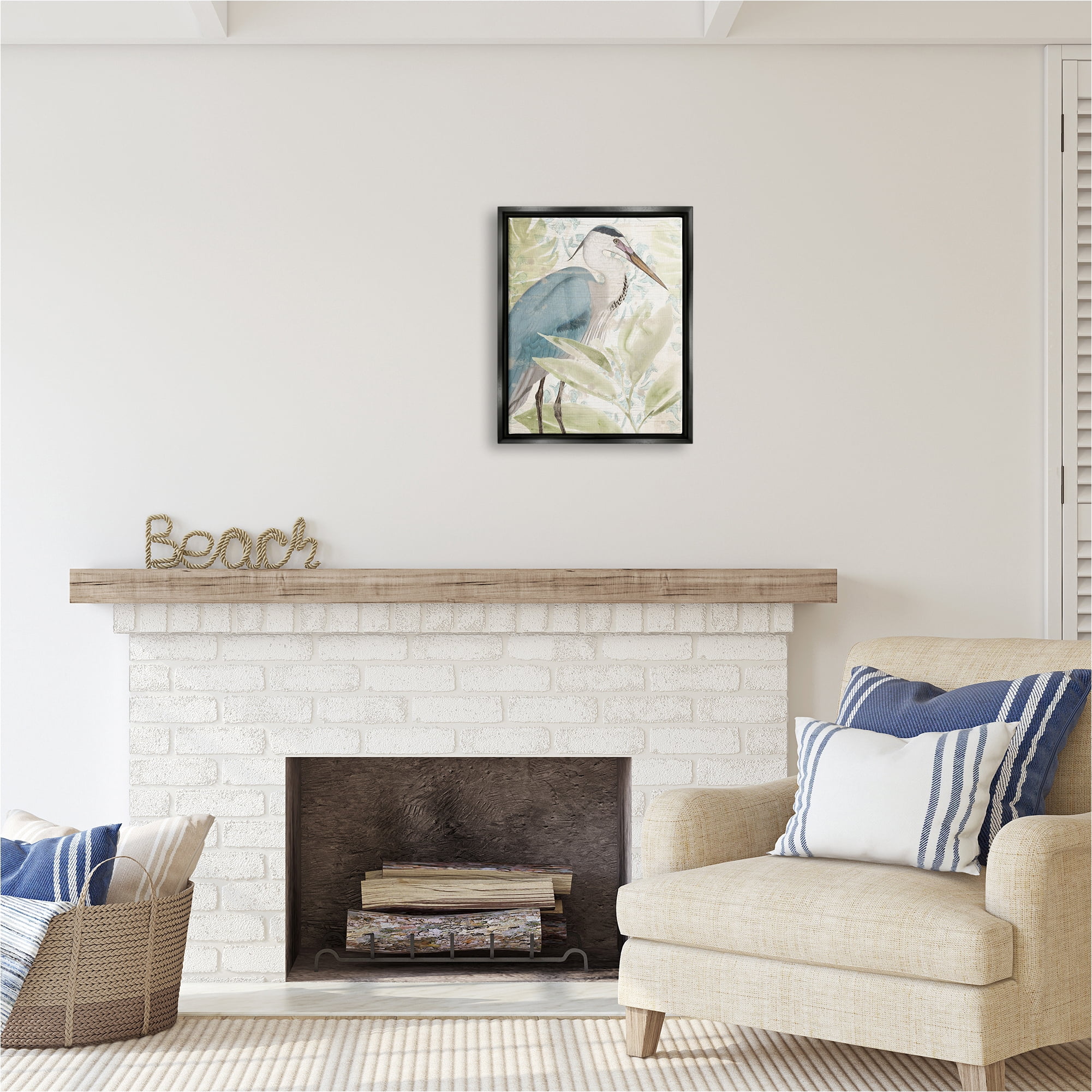 Stupell Industries Heron & Tropical Leaves Animals & Insects Painting Black Floater Framed Canvas Art Print Wall Art, 17 x 21