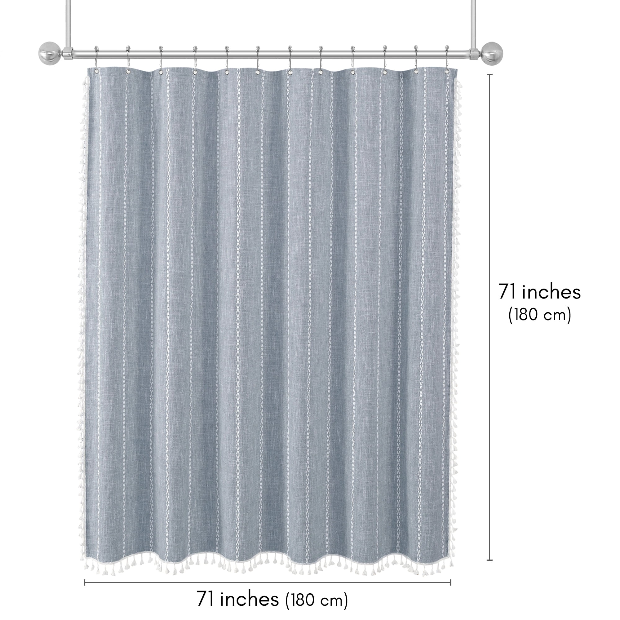 Americanflat 71x71 Woven Linen Blue Shower Curtain with Tassel Accents - Includes 12 Grommets and Hooks - 100% Polyester