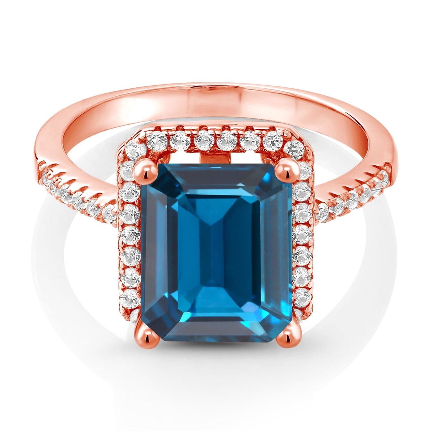 Gem Stone King 18K Rose Gold Plated Silver London Blue Topaz Engagement Ring for Women (4.36 Cttw, Emerald Cut 10X8MM, Gemstone November Birthstone, Size 7)