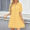 thumbnail image 5 of Mustard Yellow Womens Short Sleeve Dresses for Women Vneck Faux Gauze Linen Casual Plain Midi Knee Length Fall Summer Button 2025 Soft Comfy Clothes Trendy M, 5 of 9