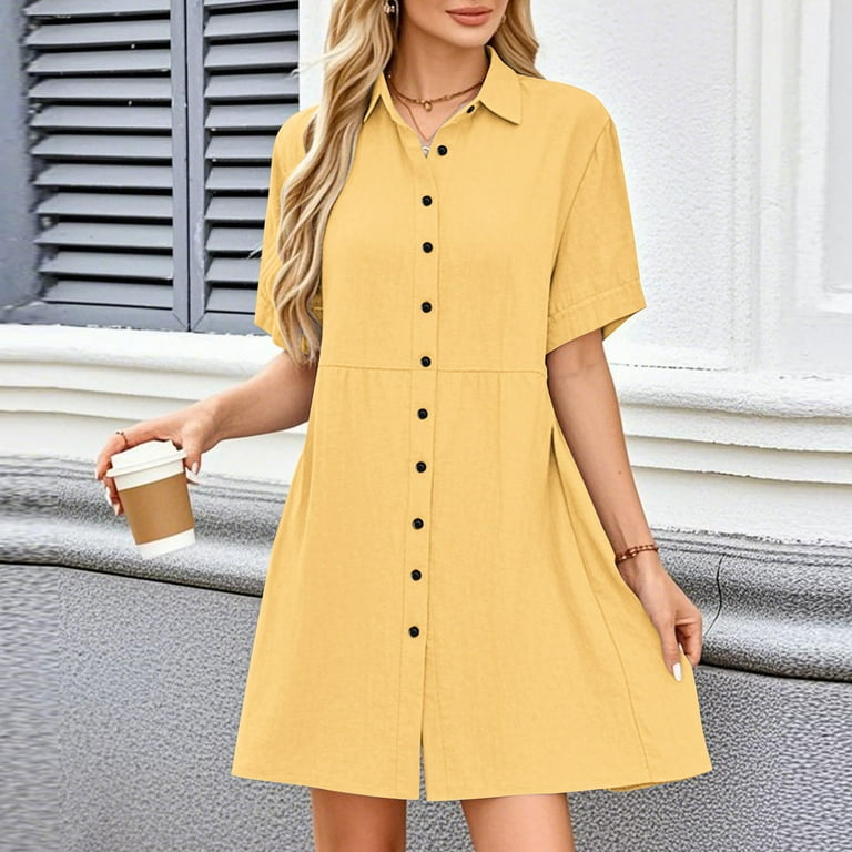 ClodeEU Women's Solid Color Linen Blend Short Sleeve Mini Dress,Casual Shirt  Button Dress with Pockets Yellow,Womens Plus XL - Walmart.com