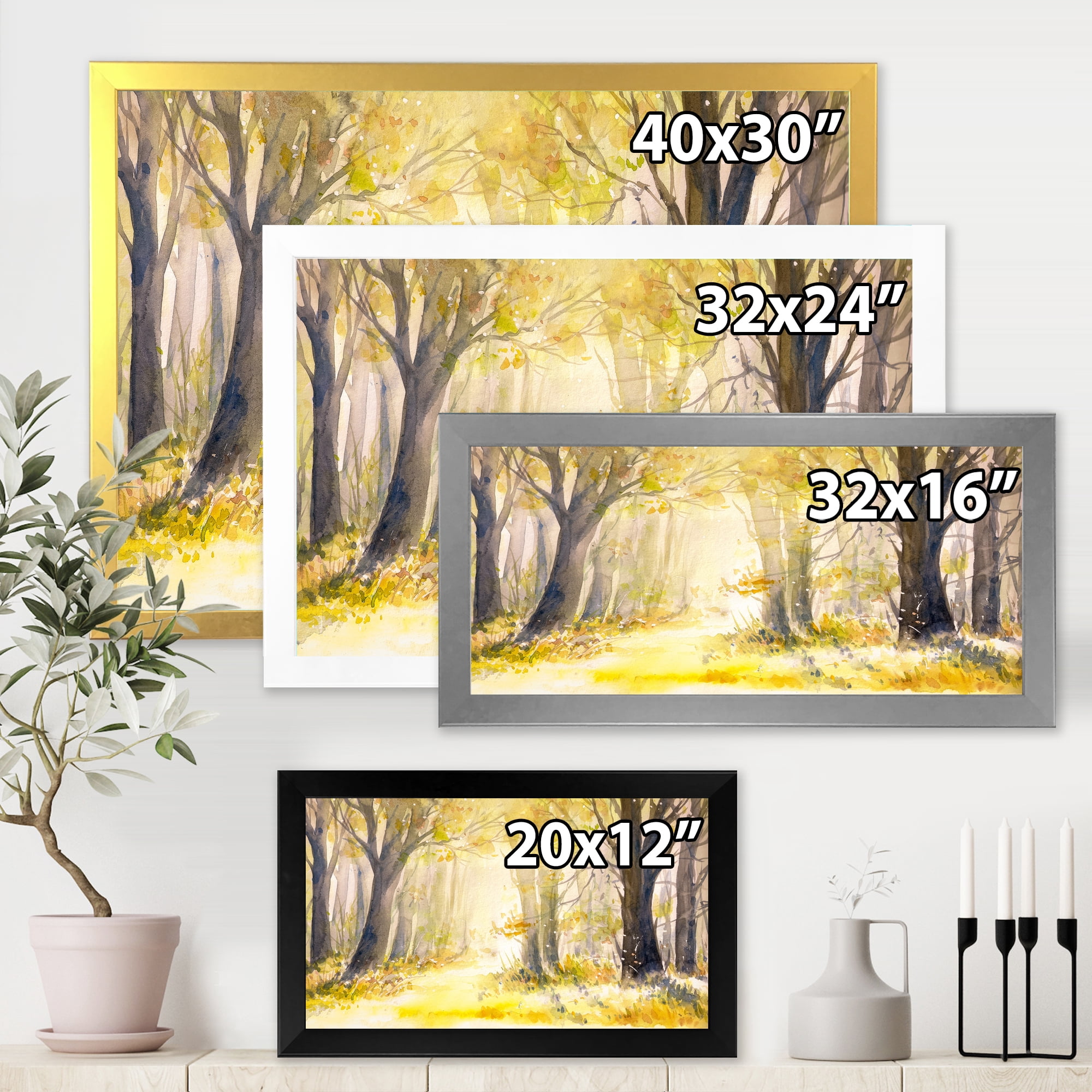 Designart 'Bright Sunshine Through The Yellow Forest Trees I' Traditional Framed Art Print
