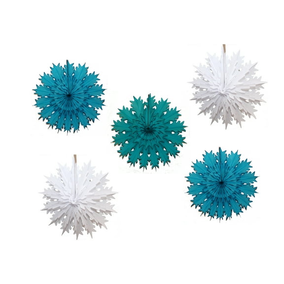 Devra Party 19 Inch Tissue Paper Snowflake Decorations, Set of 5, Blue Blizzard (Turquoise, Teal, White)