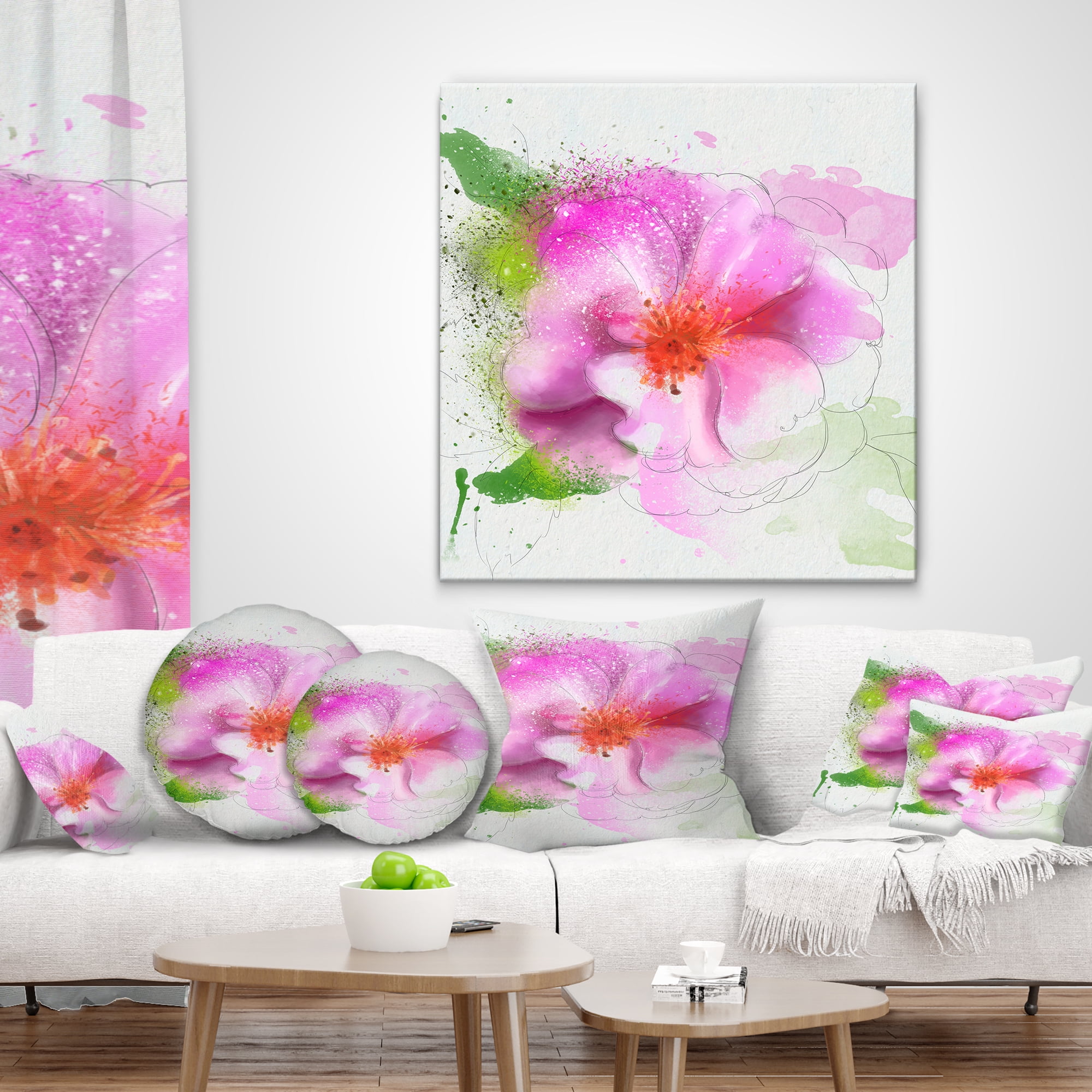 Designart Blooming Pink Flower Watercolor - Flowers Throw Pillowwork - 16x16
