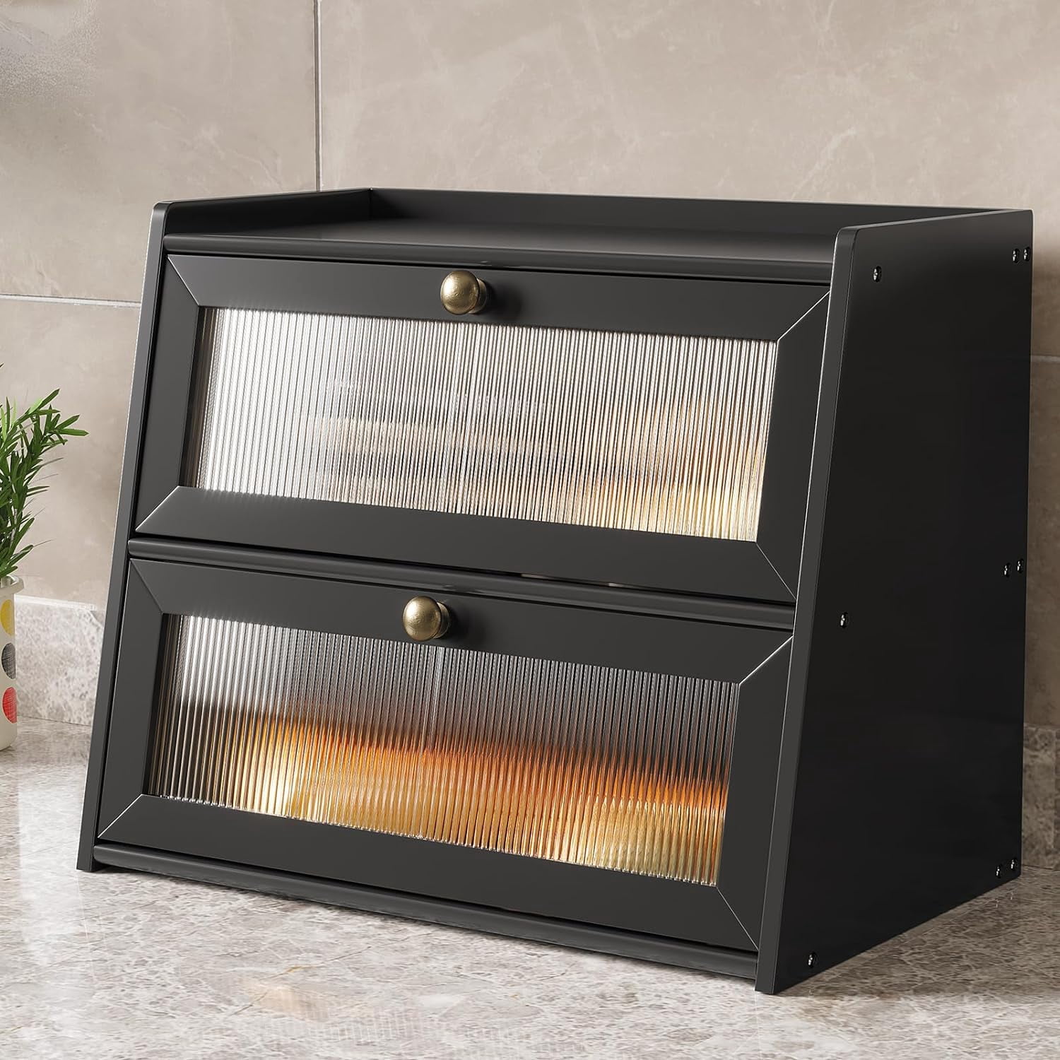 BALANBO Double Layer Large Bamboo Bread Box for Kitchen Counter, Wooden Large Capacity Bread Storage Bin with Window Bread Holder (Black)