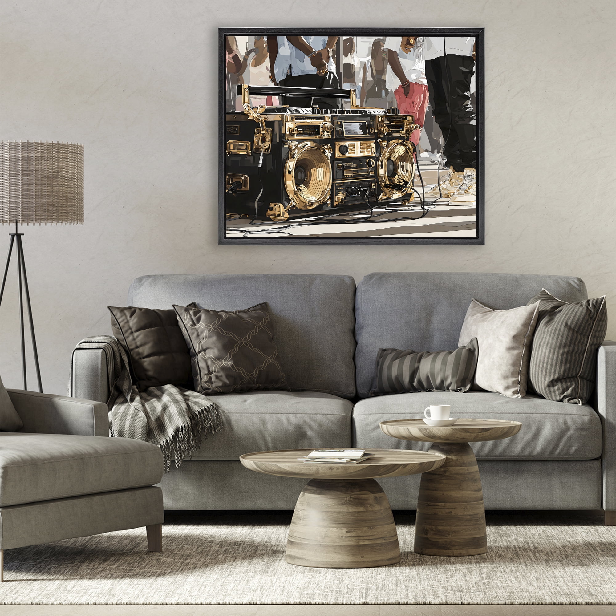 Stupell Industries Golden Stereo Hip Hop Beats Black Framed Floater Canvas Wall Art, design by Franklyn Gregory