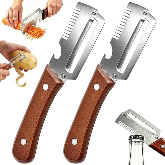 Multifunctional Vegetable Peeler for Kitchen, 3-in-1 Stainless Steel Potato Carrot Peeler with Bottle Opener, Smooth-Run Wooden Peeler for Fruits & Veggies (2 PCS)