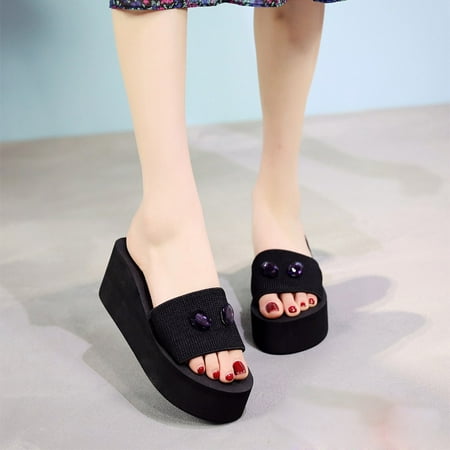 

Foraging dimple Women Pearl Drill Wedge Slides Home Bathroom Beach Flip Flops Shoes Slippers Purple