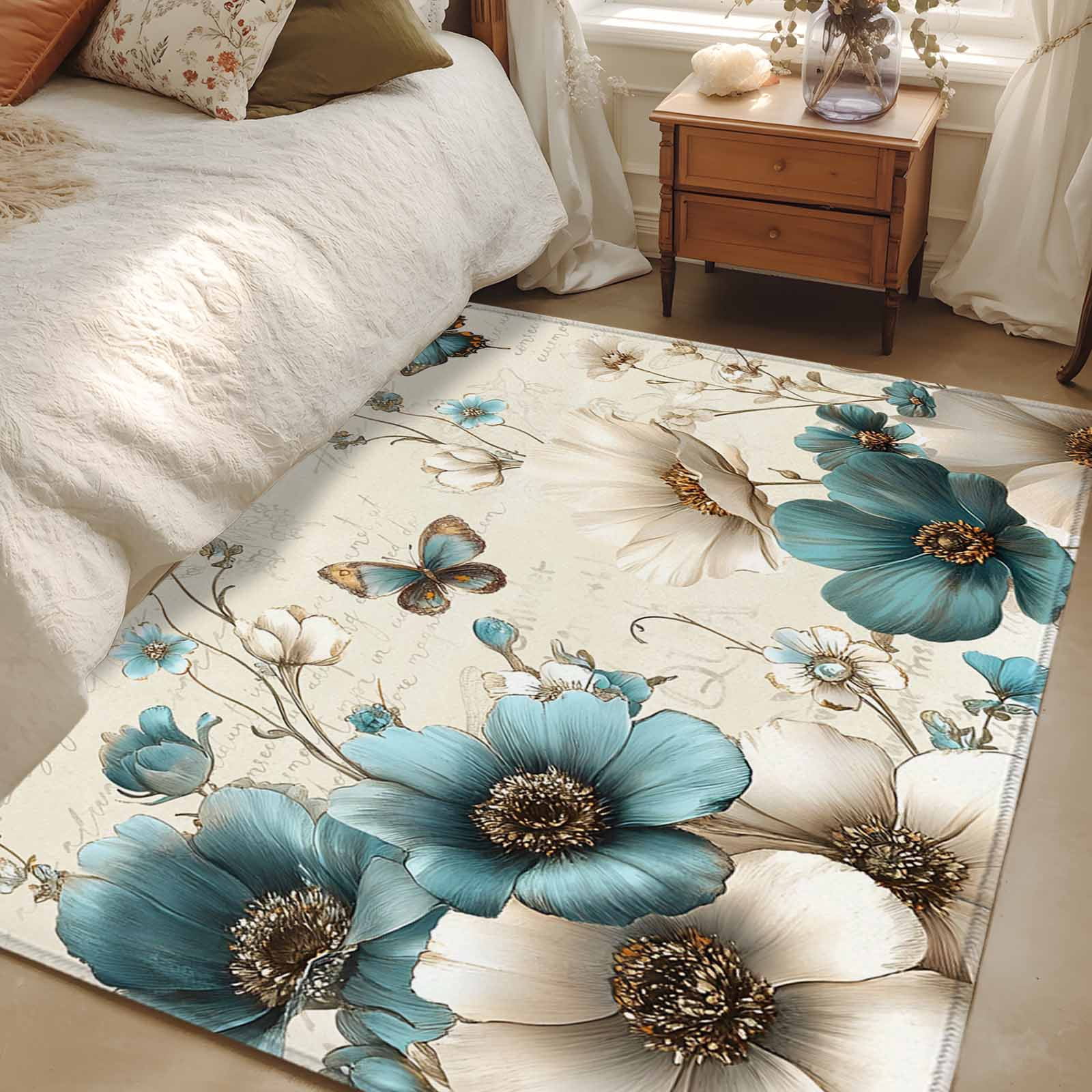 Teal Tulip Butterfly Area Rugs 4'x6', Washable Small Throw Rugs for Office Bathroom, Turquoise Floral Farmhouse Beige Indoor Outdoor Rug Non-Slip Low Pile Carpet Runner Reversible Floor Mats