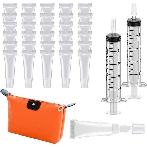 30Pcs Empty Lip Gloss Tubes 8ml Clear Lip Gloss Containers Lip Balm Tubes Lipgloss Supplies Squeeze Tubes Kit with 2Pcs x 20ml Syringes and Cosmestic Bags for DIY Lip Gloss Base