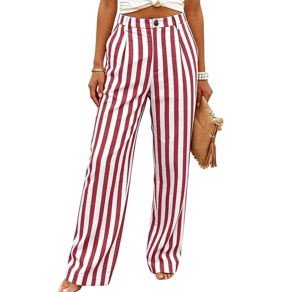 hlysgo Women's Striped Print Trousers Casual High Waist Fashion Pants Summer Loose Wide Leg Pant with Pockets Red,2xL