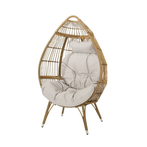 GDF Studio Kabella Outdoor Wicker Teardrop Chair with Cushion, Beige and Light Brown