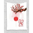 thumbnail image 1 of Chinese New Year Tapestry, Blossoming Cherry Branch and Lantern with Happy Wish, Wall Hanging for Bedroom Living Room Dorm Decor, 40W X 60L Inches, Brown Scarlet and Dark Coral, by Ambesonne, 1 of 2