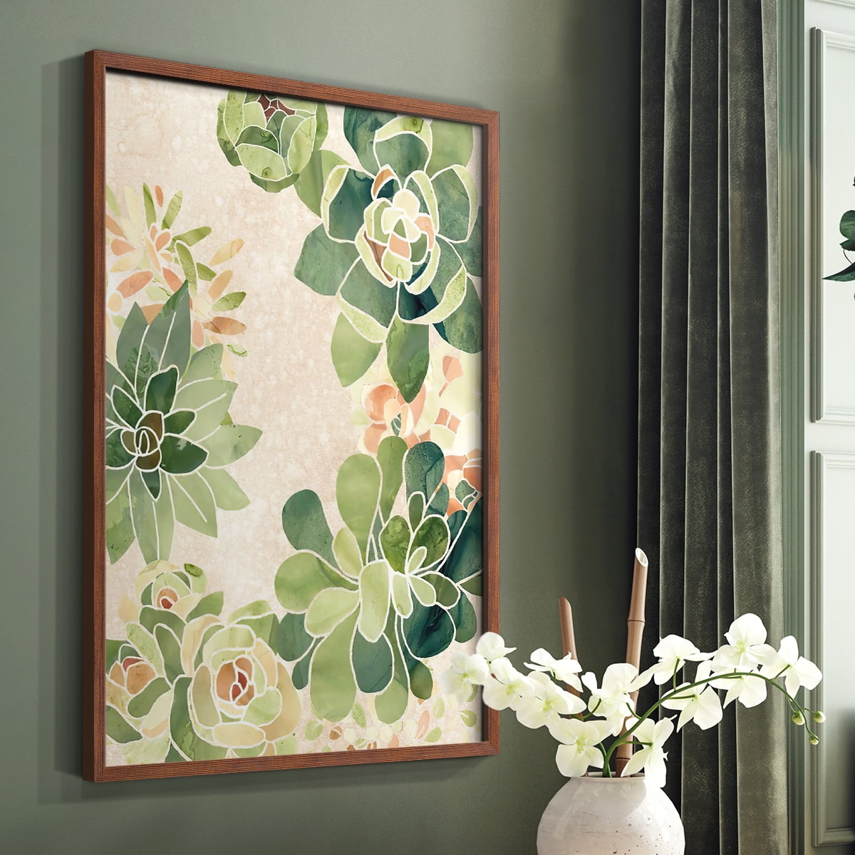 Stained Glass Succulents II Framed Print in Brown Solid Wood Framed Print No Nail Hanging
