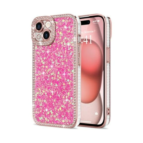 for iPhone 15 Case Glitter, Luxury Shiny Bling Sparkly Phone Cover with Crystal Diamonds Rhinestone for Women Girls Soft TPU Slim Shockproof Protective Phone Case for iPhone 15 6.1", Hot Pink