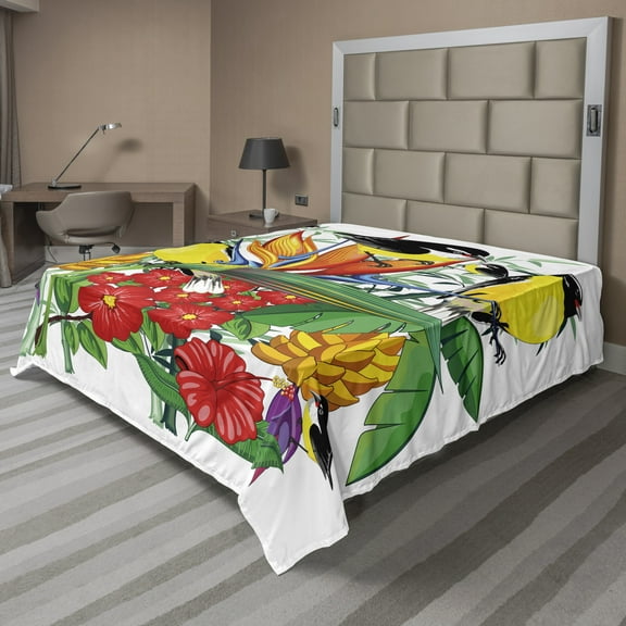 Ambesonne Exotic Flat Sheet, Flowers and Birds Layout, California King, Multicolor