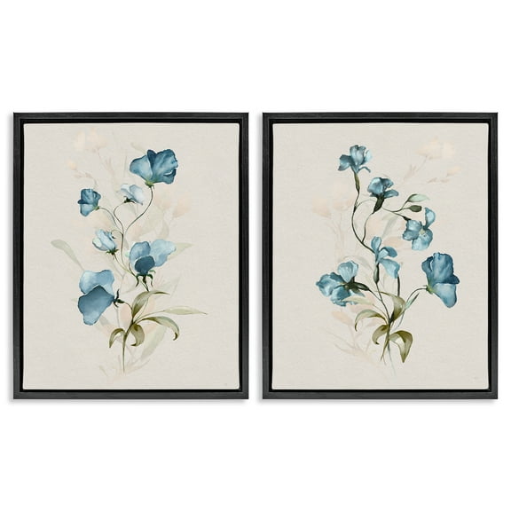 Stupell Industries Blue Botanical Herbs Floral Painting Black Floater Framed Canvas Art Print Wall Art, 17 x 21, Set of 2