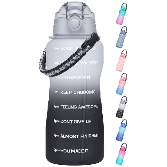 64oz Half Gallon Motivational Water Bottle with Time Marker & Straw, BPA-Free Leakproof Sports Jug with 2-in-1 Chug & Straw Lid, Paracord Handle for Travel Gym