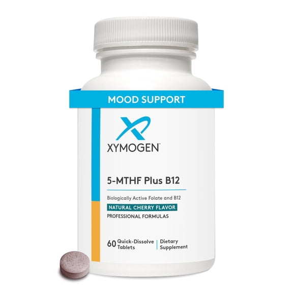 XYMOGEN 5-MTHF Plus B12 - Biologically Active Folate Methyl B12 (Methylcobalamin) to Support Methylation and Nervous System Health - Great-Tasting Cherry Flavor (60 Quick-Dissolve Tablets)