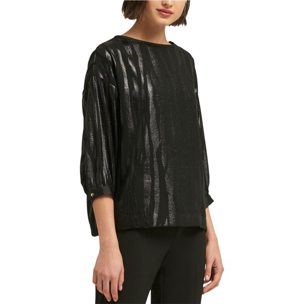 DKNY Blusa metálica líquida para mujer, negra, mediana