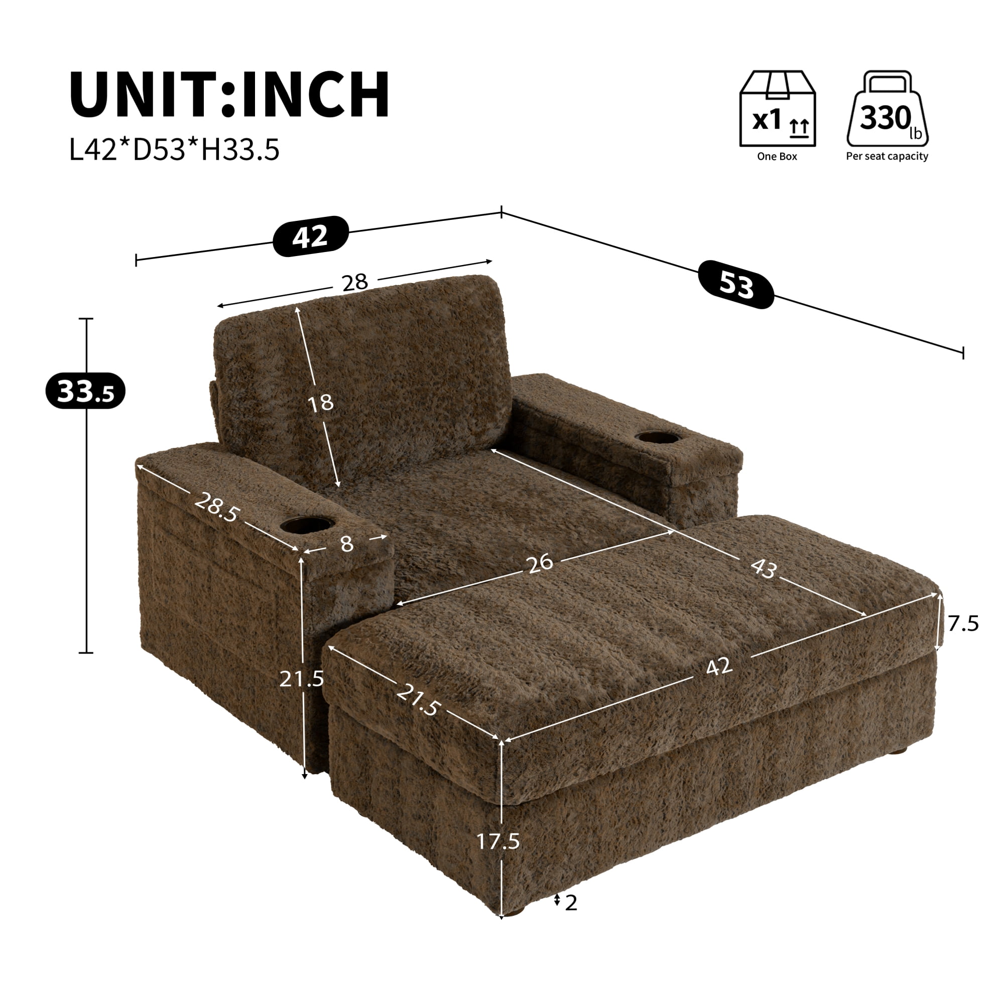 42" Oversized Chaise Lounge Chair Indoor,Upholstered Accent Chair Armchair with Storage Ottoman and Cup Holders, Reading Couch with Deep Seat for Living Room,Bedroom,Brown