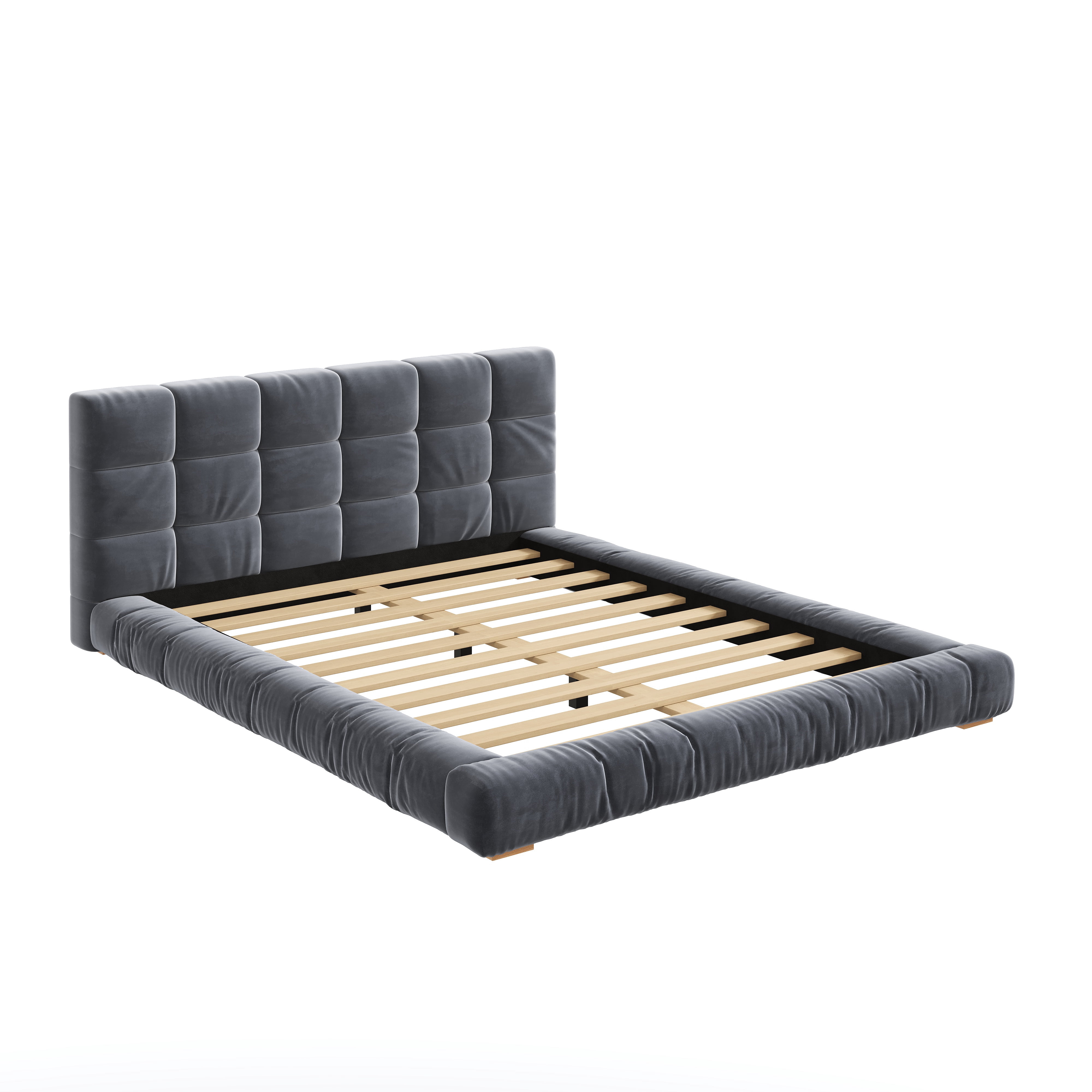 Euroco Velvet Upholstery Queen Size Platform Bed with Channel Tufted Headboard, Gray