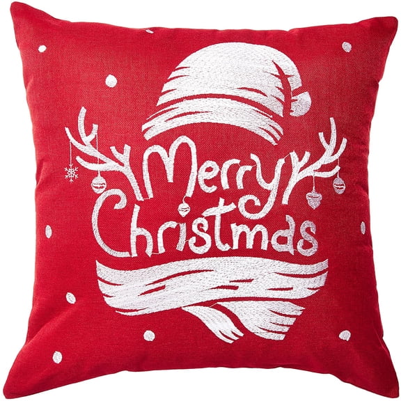 Violet Linen Seasonal Xmas Christmas Holiday Spirits Pattern, Polyester Embroidered Applique, Red with White Embroidered, 18 Inch x 18 Inch, Decorative Throw Pillow