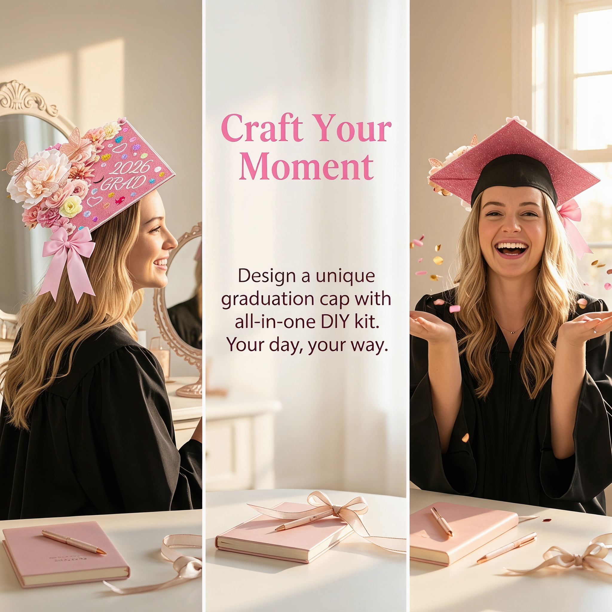 2026 Graduation Cap Decorations Kit, 56 Pcs DIY Grad Cap Topper Set with Artificial Flowers, Bow, 3D Butterflies, Glitter Letters, Rhinestones for High School College Graduation