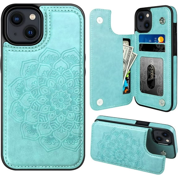 for iPhone 14 Case with Card Holder, Flower Magnetic Back Flip Case for iPhone 14 Wallet Case for Women, Protective Case Phone Case for iPhone 14,Mint