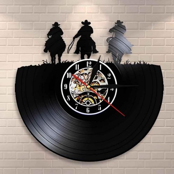 Wild West Horse all Decor Three Cowboys Western Wall Art Clock Vinyl Record Wall Clock Horse Rodeo Texas Boots Farmers Gifts