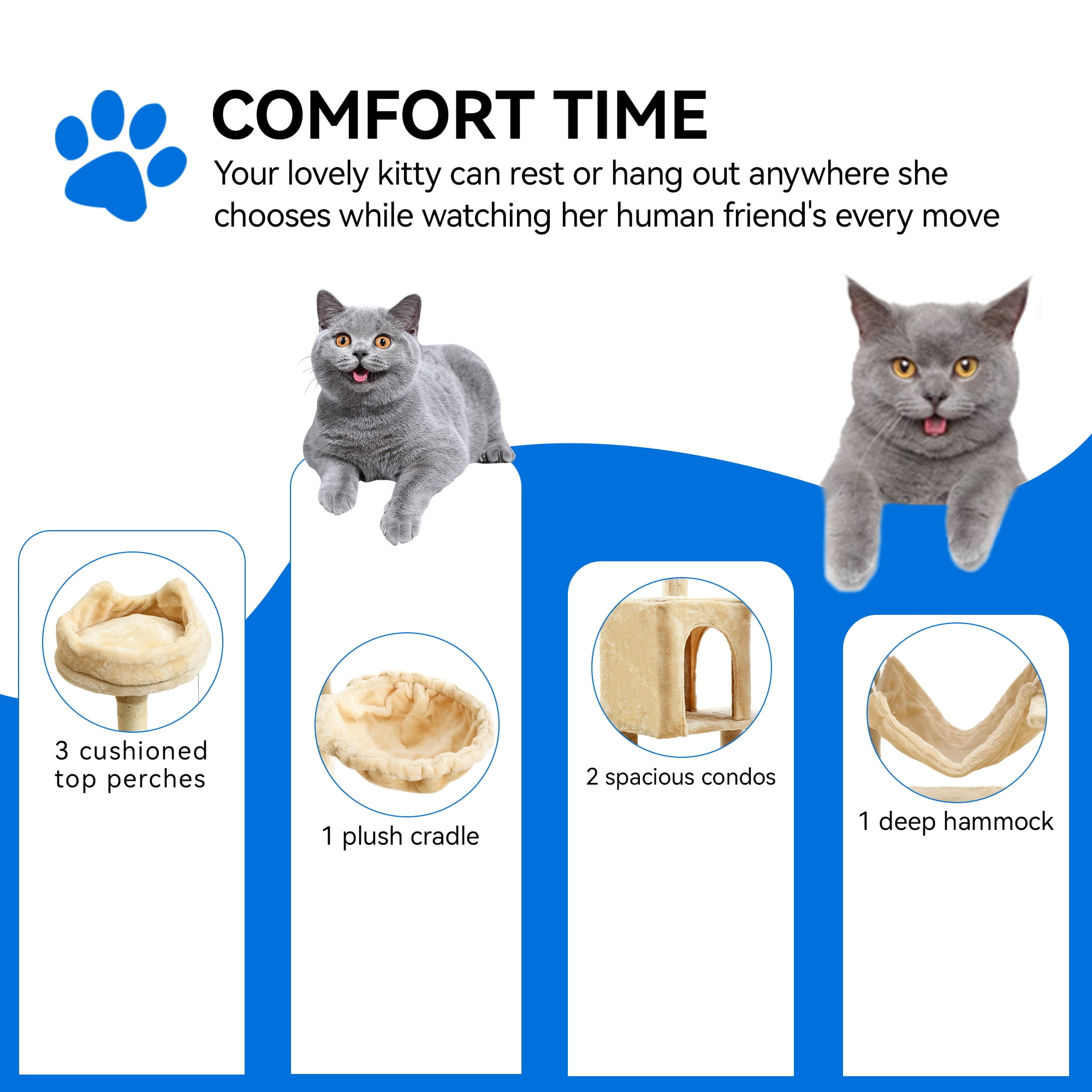 Dextrus 75" Multi-Level Cat Tree Tower with Cat Condos, Perches, Hammocks, Scratching Posts Board, Large Cat Activity Center,Beige