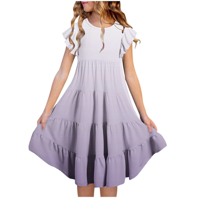 yoeyez Robes pour Enfants Filles 4-16 Fête Enfants Manches Volantées Robe Maxi à Volants Imprimé Dégradé Col Ras du Cou Robes Soleil Robe de Fête d'Anniversaire pour Enfant Violet, 10 Ans