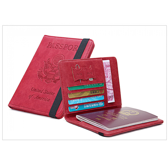 Passport and Vaccine Card Holder Combo - Leather RFID Blocking Wallet with Elastic Strap Travel Cover Case for Passport, with USA CDC Vaccination Card Slot, Red