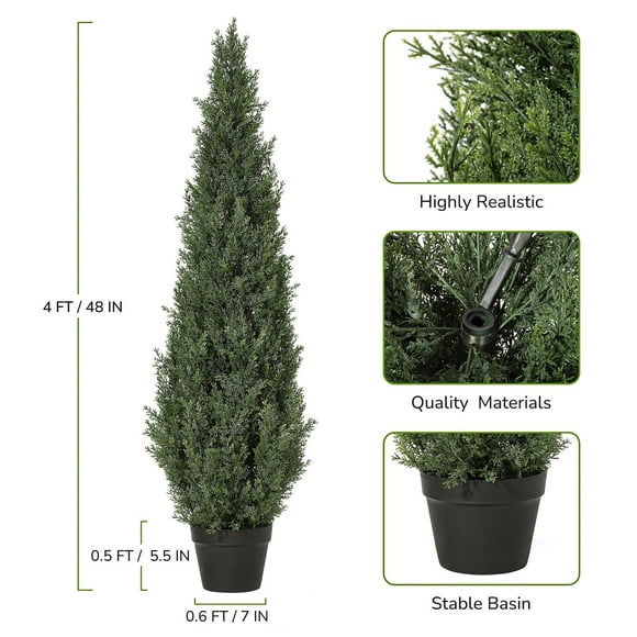 GloryStar 2-Pack Large Fake Cedar Trees, 3/4/5ft UV Protected Artificial Plants in Plastic Pots for Porch, Balcony, or Yard