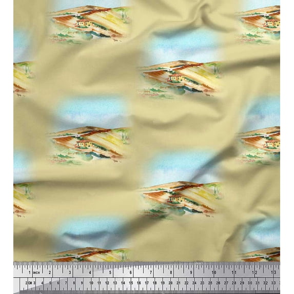 Soimoi Beige Cotton Poplin Fabric House & Landscape Nature Fabric Prints By Yard 56 Inch Wide