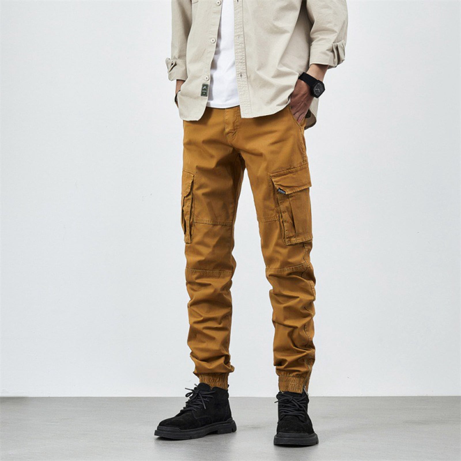 PEASKJP Pants Cargo Men Streetwear Decontracte Coupe Droite Jambe Travail de Combat Pants avec Poches Jaune 38