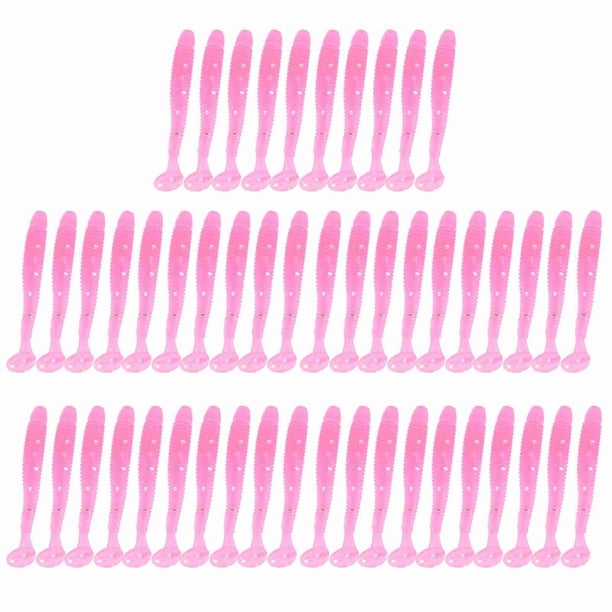 50 señuelos de pesca de plástico blando de 5 cm con forma de T, cebos de gusano, accesorios para pesca, color rosa