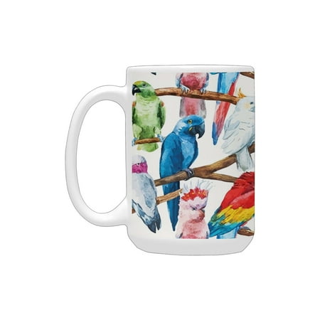 

Parrots Decor Collection colorful parrots on tree branches exotic jungle watercolor painting effect Ceramic Mug (15 OZ) (Made In USA)