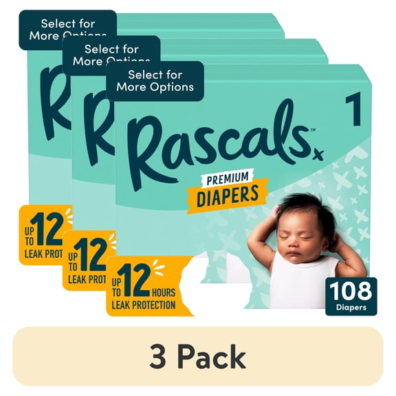 (3 pack) Rascals Premium Absorbent Baby Diapers Size 1, 108 Count, with 5 Sensitive Infant Wipes
