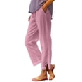 thumbnail image 2 of Womens Pants Women Solid Straight Solid Elastic Pants Long Drawstring Linen Women Waist Cotton Casual Button Slit Trouser Legs Pants Casual Pants Women, 2 of 5