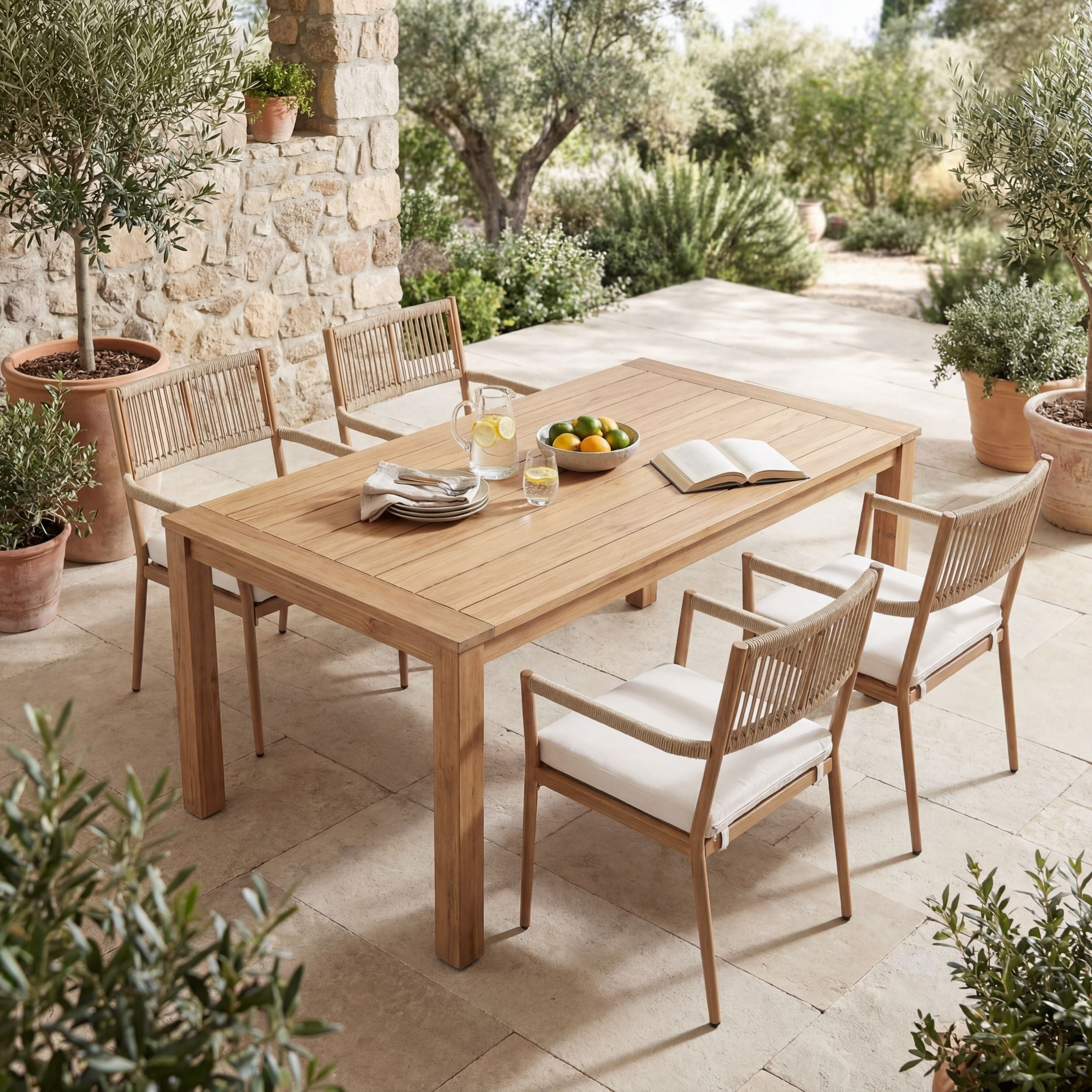 Dayalane Outdoor Dining Chairs Set of 2, Rope Rattan Patio Chairs with Cushions & Armrests, Weather-Resistant Metal Frame for Patio, Balcony/Bistro, Beige