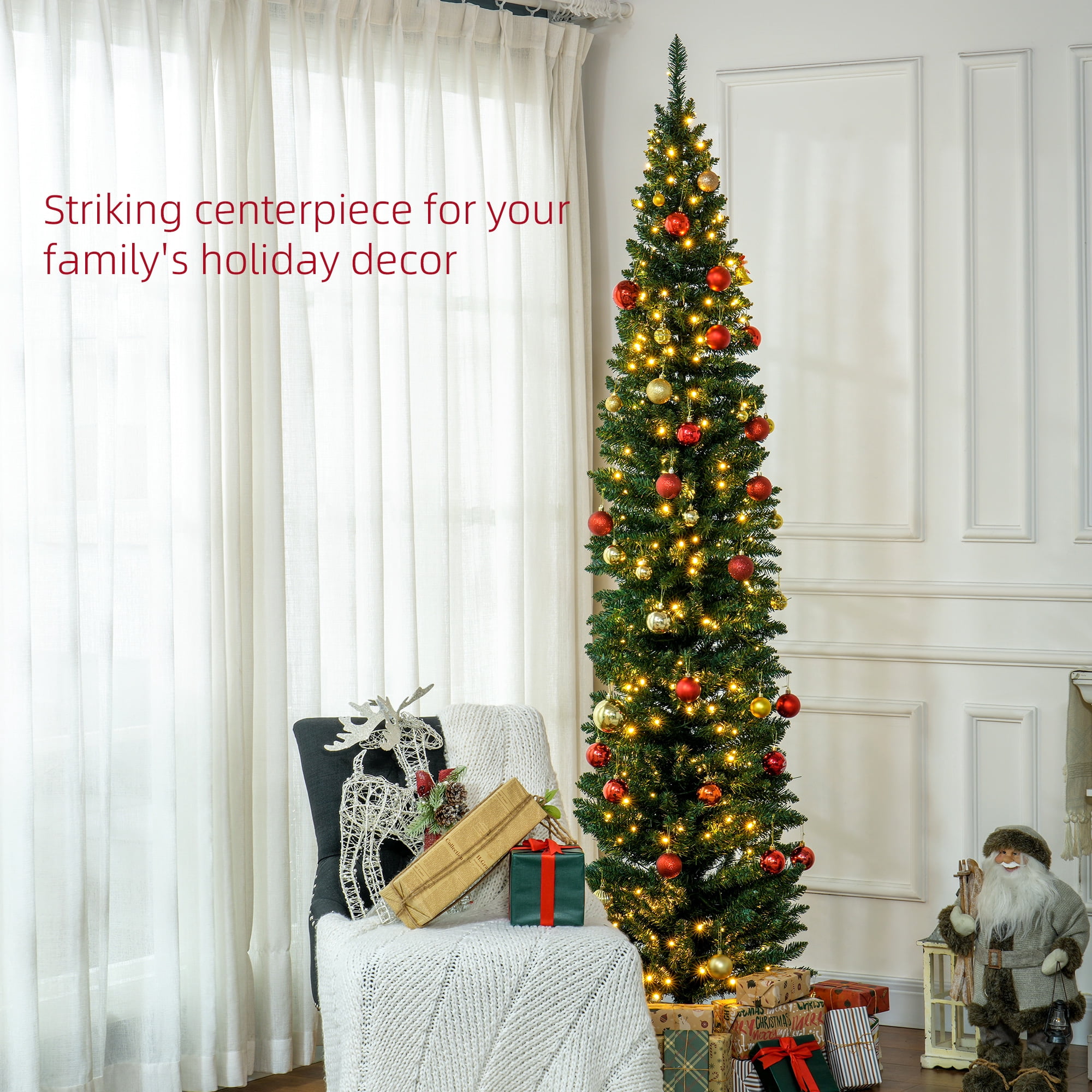 8 ft Pre-Lit Slim Artificial Christmas Tree with 300 Warm White LED Lights, Green