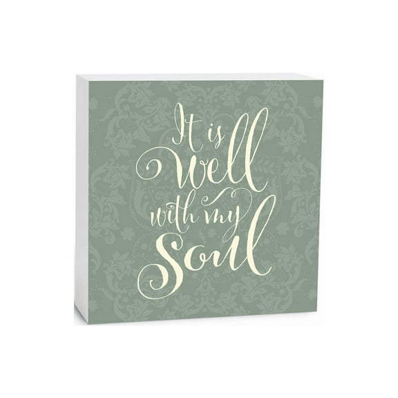 Well With My Soul Pistachio Green Scroll 5 x 5 Wood Tabletop Sign Plaque