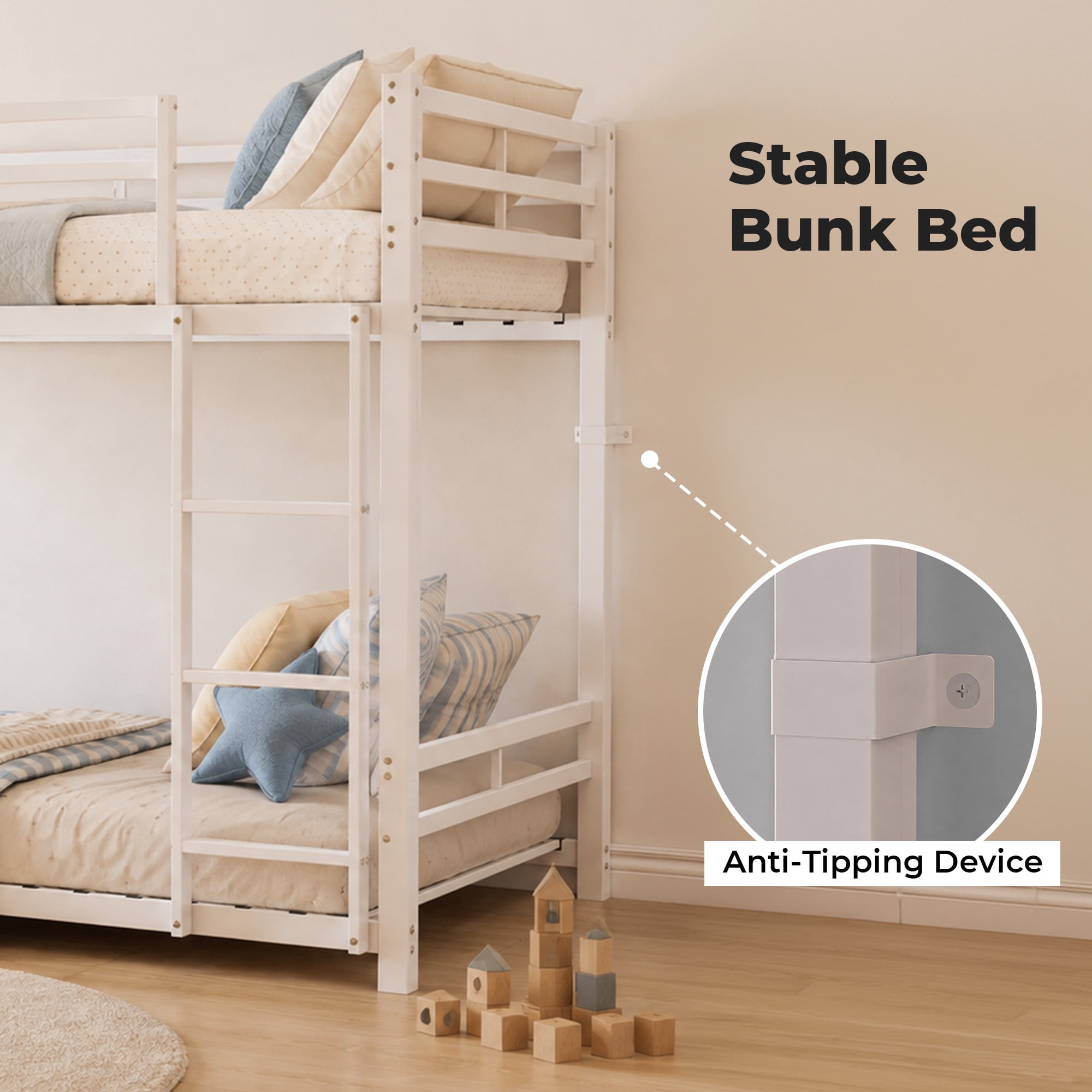Alvantor Bunk Bed Twin over Twin, Metal Low Bunk Bed for Kids with Ladder and Anti-tip Bracket White