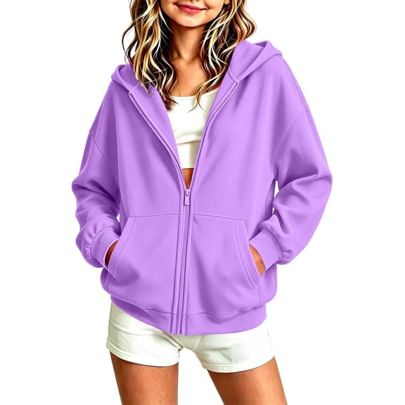 LUGOGNE Boys Girls Zip Up Hoodie Casual Long Sleeve Hooded Sweatshirt Kids Comfortable School Everyday Athletic Activewear with Pockets Purple,7-8 Years