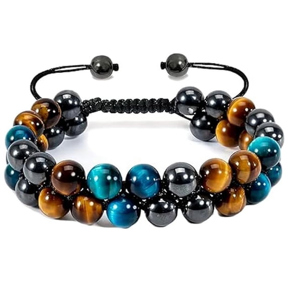 Natural Black Obsidian, Blue & Brown Tigers Eye Threaded Double Layer Bracelet 6mm Round Smooth Beads Black Obsidian, Blue & Brown Tigers Eye Adjustable Thread Bracelet